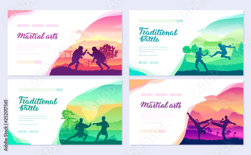 Representatives of traditional fighters from all over the world  brochure cards set. Fighting style battle nature template of  flyear  web banner  ui header  enter site. Layout modern slider page