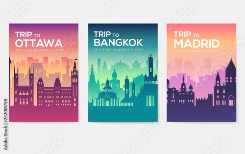 Travel information cards. Landscape template of flyear, magazines, posters, book cover, banners. Country of Chile, Canada, Thailand, Spain, Malaysia, Africa, Asia, Poland, UAE and Jerusalem set