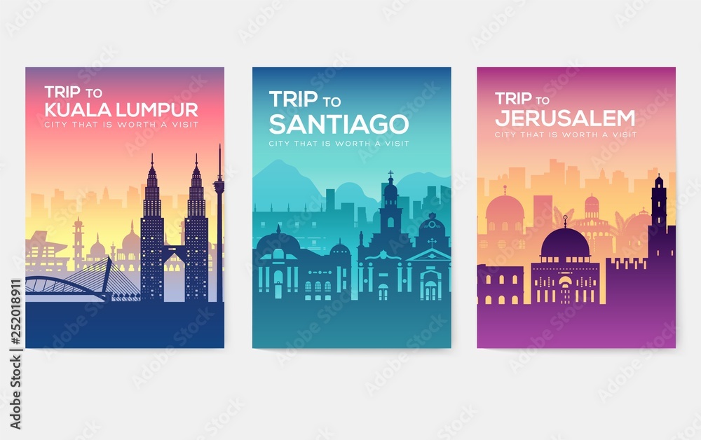 Obraz premium Travel information cards. Landscape template of flyear, magazines, posters, book cover, banners. Country of Chile, Canada, Thailand, Spain, Malaysia, Africa, Asia, Poland, UAE and Jerusalem set