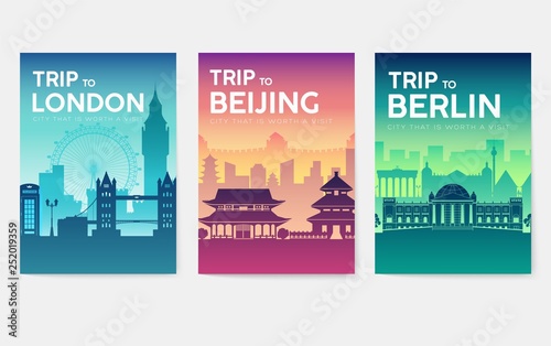 Travel information cards. Landscape template of flyer, magazines, posters, book cover, banners. Country of UK, China, Germany set