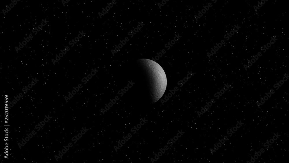 Space travel exploration to Reha saturn moon zoom in sunrise. Contains public domain image by Nasa