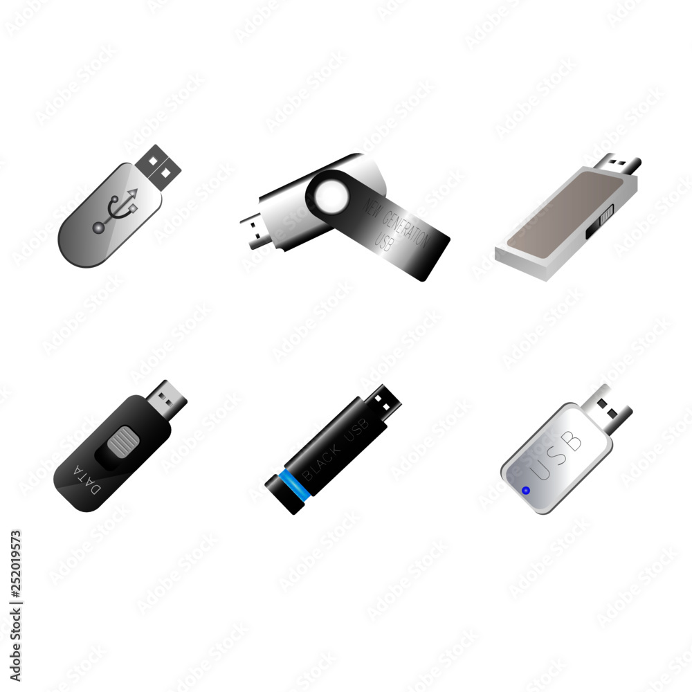 Grupo de Memorias USB y Pendrives Editables Vectores Grupo de Memorias USB y Pendrives Editables Vectores