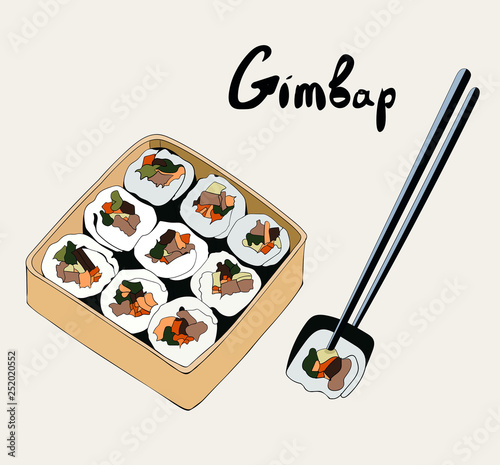 Korean traditional dish gimbap in a lunch box. Korean sushi. Gimbap slices. Vector hand drawn illustration.