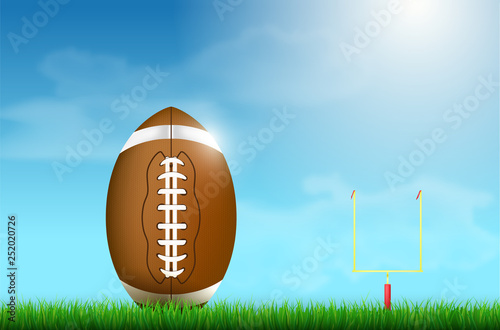 American football ball on grass and goal under blue sky