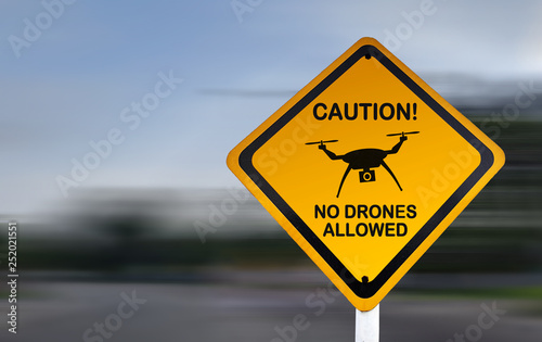 No Drones Allowed - Yellow Caution Sign - Flight Airspace Restriction Notice