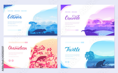 Brochures with varieties of reptiles. Animals in their habitat. Flyers with wild animals in nature. Template of magazines, poster, book cover, banners. Landscape invitation