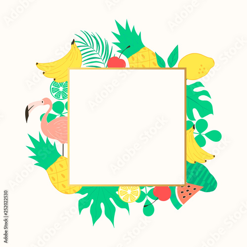 Cute hello summer frame with fruits, palm tropical leaves and flamingo. Beach party border. Vector elements.
