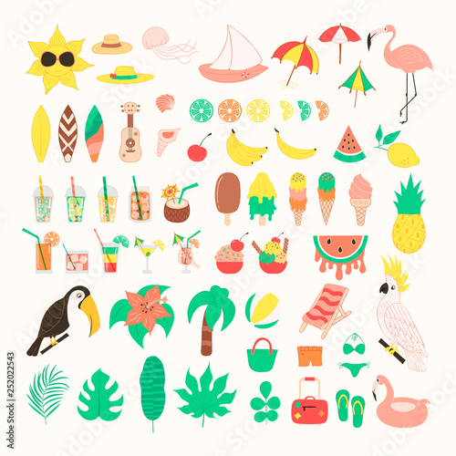 Super big set of cute summer objects. Fruits, pineapple, cocktail, palm tree, parrot, flamingo, ice cream, cocktails. Beach party vector elements.