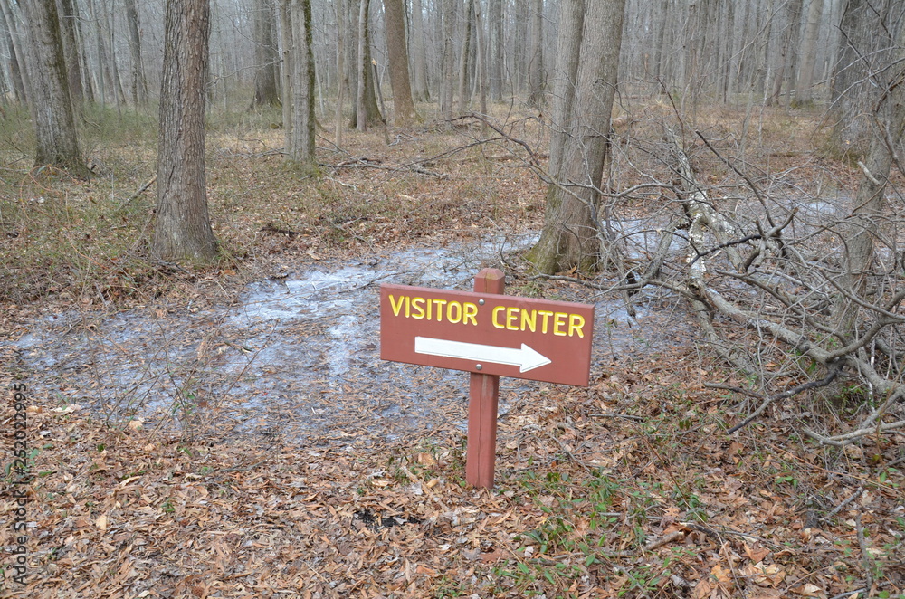 visitor center sign with arrow in woods and frozen water