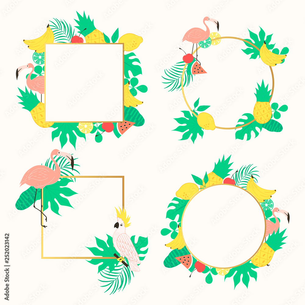 Cute hello summer fruit round and square frame set with palm tropical leaves, flamingo, pineapple, parrot. Beach party border. Vector elements. Cute hello summer fruit round and square frame set with palm tropical leaves, flamingo, pineapple, parrot. Beach party border. Vector elements.