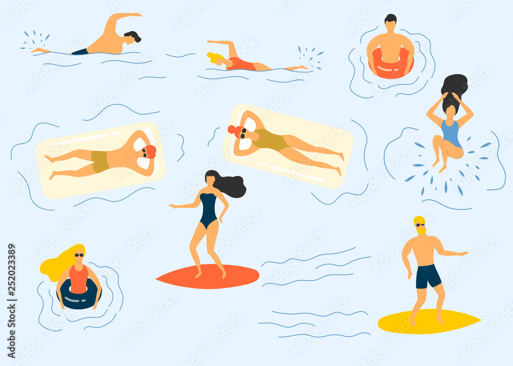 Summer people in bikini at the swimming pool or sea chilling, sunbathing, diving and surfing. Water sport vector illustration. Summer people in bikini at the swimming pool or sea chilling, sunbathing, diving and surfing. Water sport vector illustration.