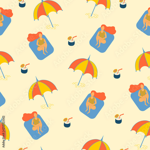 Summer seamless pattern of sunbathing girl with cocktail under beach umbrella. Vector illustration of woman with parasol on the sand. 