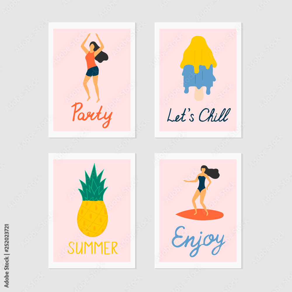 Set of cute summer greeting cards. People dancing and surfing. Party invitation with pineapple and juicy ice cream. Beach banner templates. 