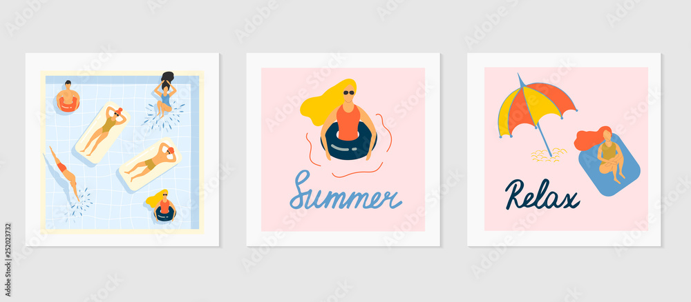 Set of cute summer greeting cards. People chilling and sunbathing. Swimming pool party invitation. Beach banner templates. 