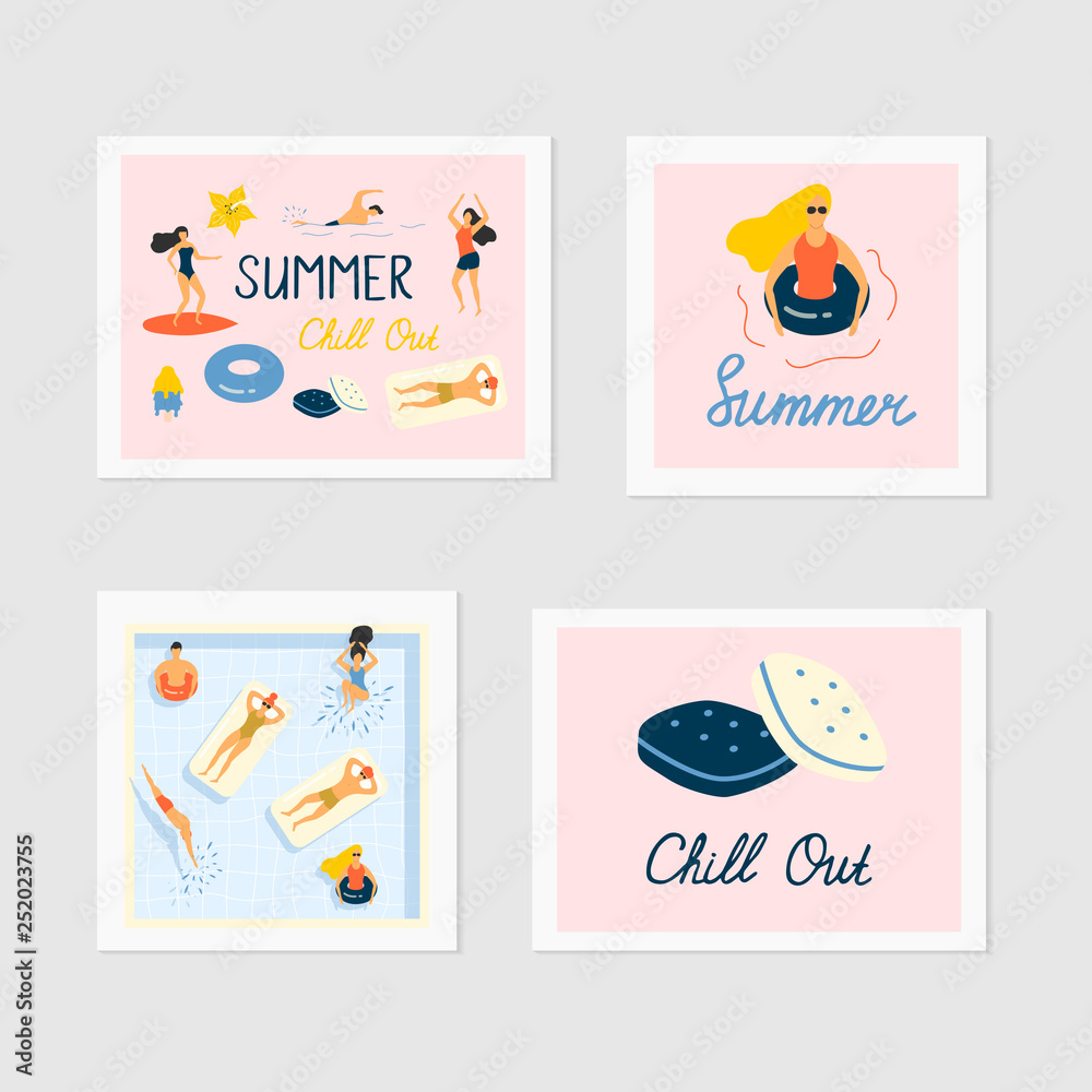 Set of cute summer greeting cards. Surfing, chilling people. Party invitation with swimming pool. Beach banner templates. 
