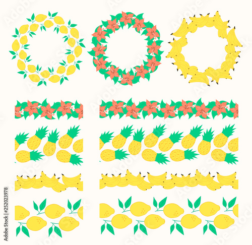 Set of cute summer lemon, banana, pineapple and flourish boarders and frames with juicy tropical objects and flowers. Fruit dividers and wreaths. Vector elements.