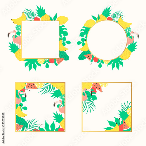 Cute hello summer fruit frame set with palm tropical leaves, flamingo, pineapple, watermelon. Beach party border. Vector elements.