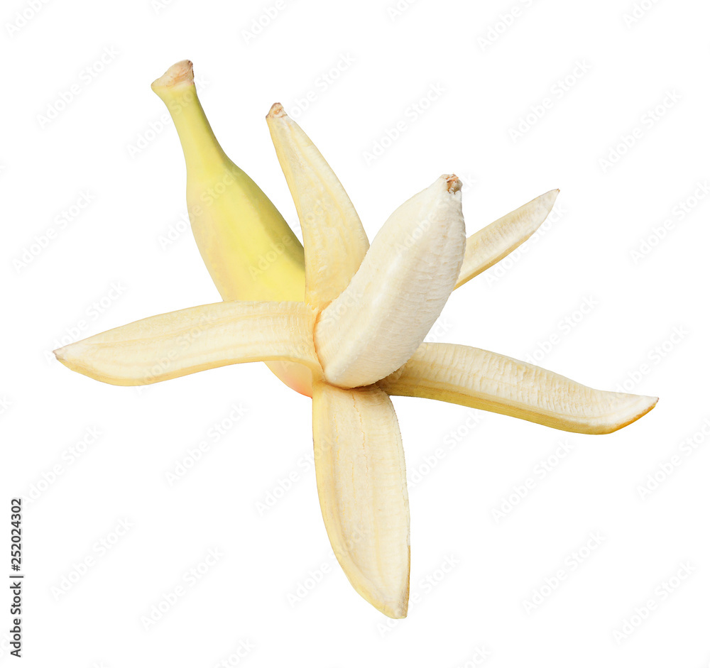 Half-peeled banana on white isolated background. Close-up. View from above.