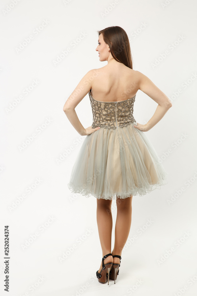 Full length photo of fashion model woman wearing elegant evening dress pastel gown posing isolated on white wall background studio portrait. Brunette long hair girl. Mock up copy space. Back rear view Full length photo of fashion model woman wearing elegant evening dress pastel gown posing isolated on white wall background studio portrait. Brunette long hair girl. Mock up copy space. Back rear view