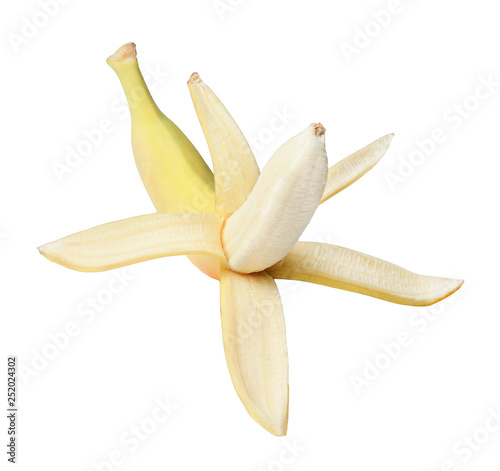 Half-peeled banana on white isolated background. Close-up. View from above.