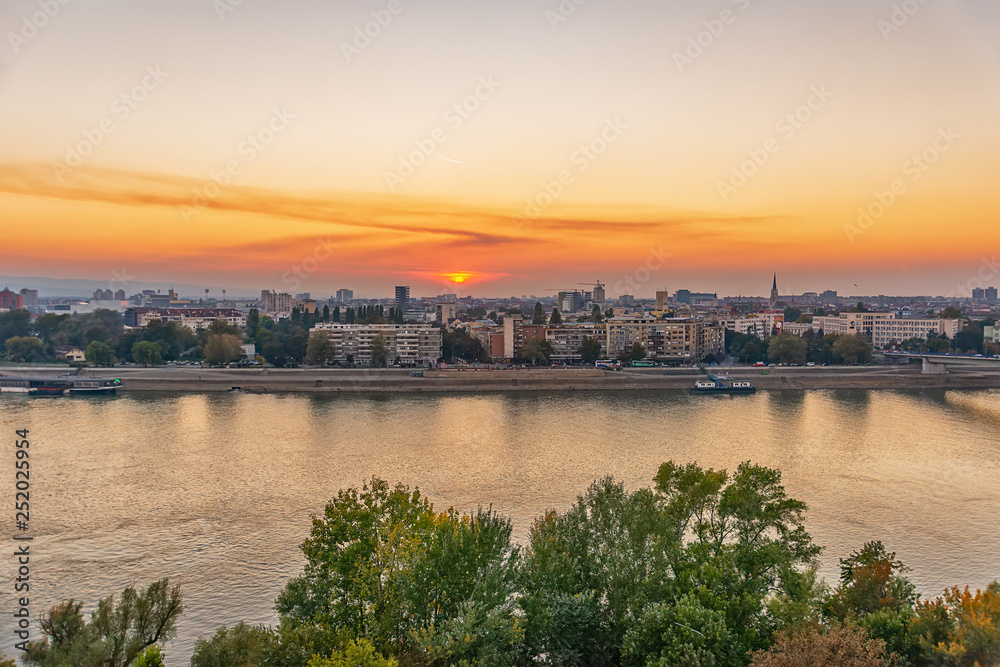 Novi Sad, Serbia - October 05, 2018: Panorama of Novi Sad at sunset