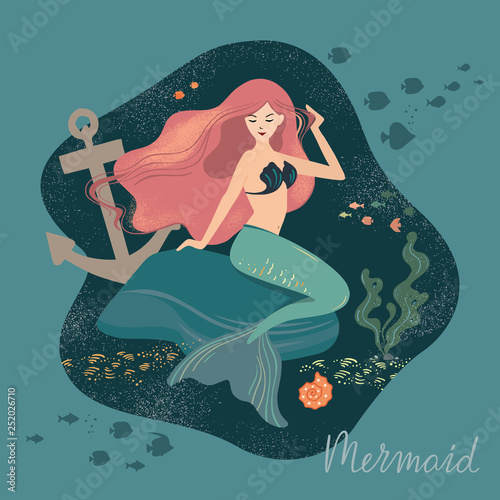 Vector illustration of a mermaid with flowing hair at the bottom of the ocean on a stone. Against the background of the seabed, anchors and other ocean elements. Mermaid lettering.