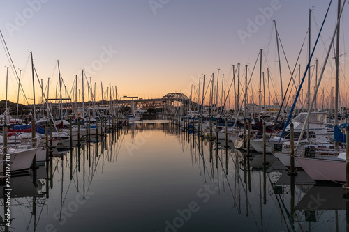 A sunset shot of a marina with the Auckland Harbour bridge on the background photo