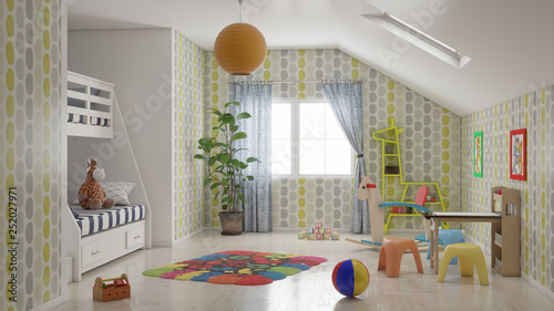 Minimal kid room with many toys and bunk bed 3D illustration