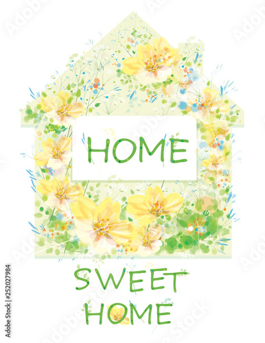 Vector  floral house symbol. Home sweet home text, isolated on white.