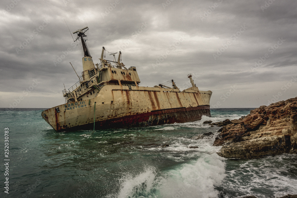 Paphos/Cyprus - February 2019: Abandoned ship Edro III near Cyprus beach. Paphos/Cyprus - February 2019: Abandoned ship Edro III near Cyprus beach.