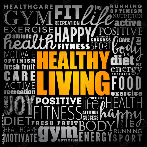 Healthy Living word cloud collage, health concept background