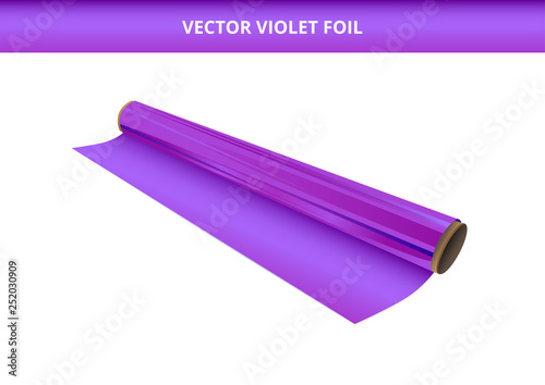 Vector illustration of open roll of plastic violet or purple foil. Packaging material, decorative, wrapping or adhesive foil, hot stamping foil or other foil. Icon is isolated on a white background.