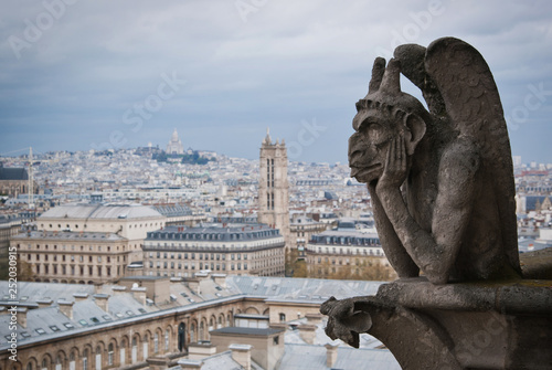 Gargoyle on the roof of Notre Dame in Paris, France. Great city view