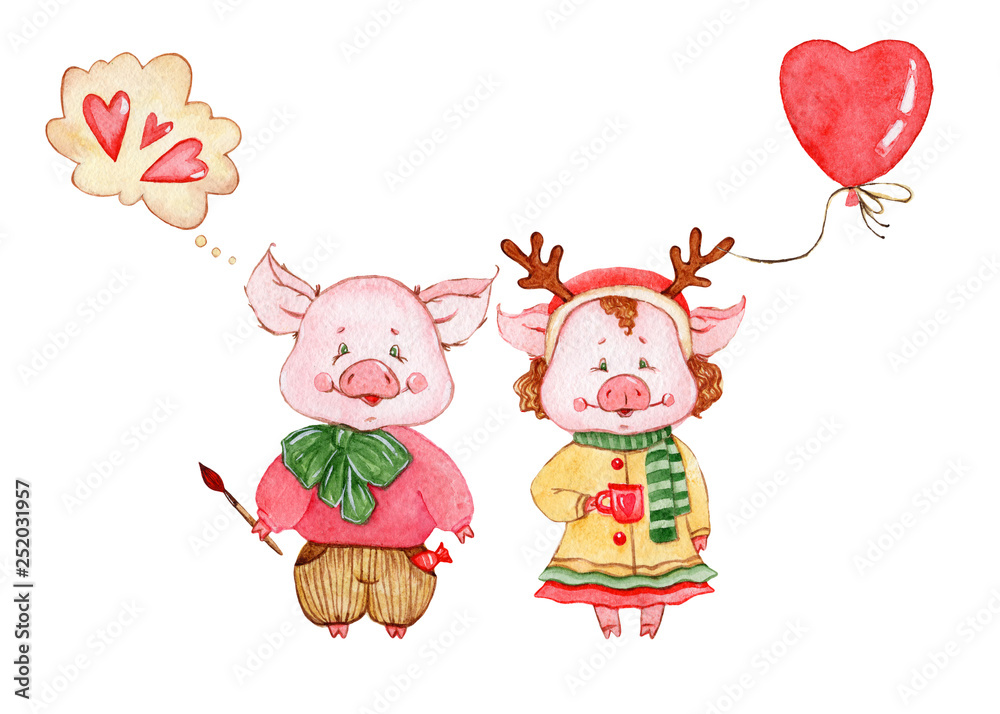 Watercolor cute pigs characters. Cartoon little piggy illustrations perfect for card making, birthday invitations and baby nursery design. Watercolor cute pigs characters. Cartoon little piggy illustrations perfect for card making, birthday invitations and baby nursery design.