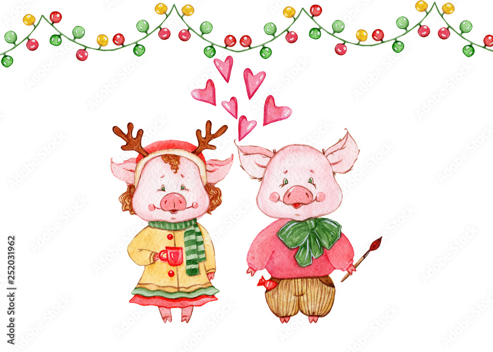 Watercolor cute pigs characters. Cartoon little piggy illustrations perfect for card making, birthday invitations and baby nursery design.