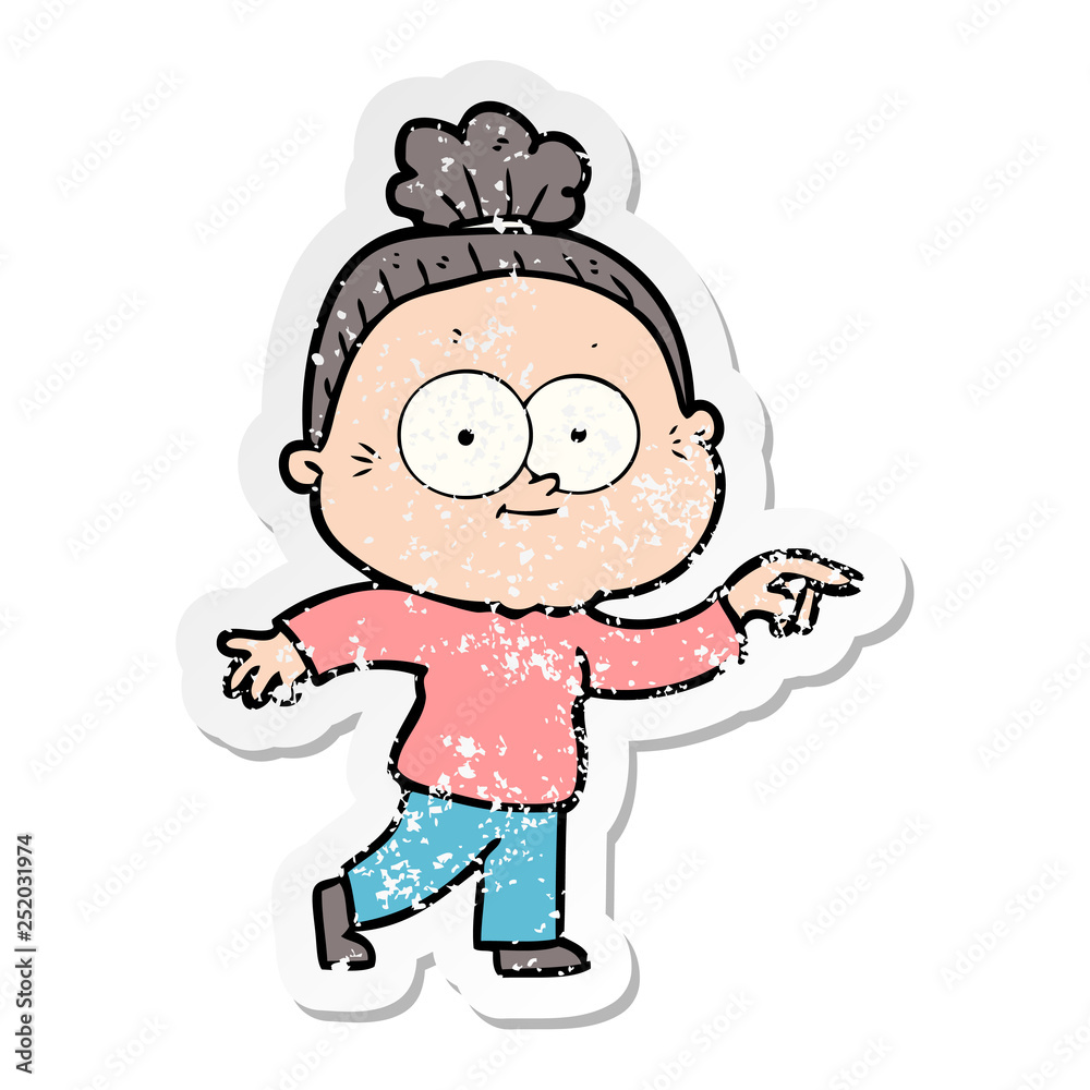 distressed sticker of a cartoon happy old woman distressed sticker of a cartoon happy old woman