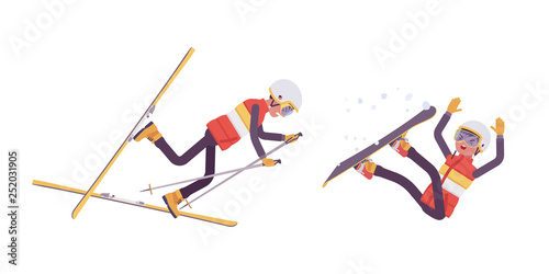 Sporty man falling off in bad technique on ski resort. Guy in wrong skiing and snowboarding, active holiday, wintertime tourism. Vector flat style cartoon illustration isolated on white background