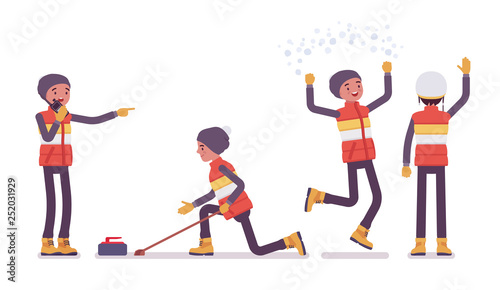 Man enjoys sport, curling, winter outdoor activities, fun on ski resort. Guy having active holiday, wintertime tourism, recreation. Vector flat style cartoon illustration isolated on white background
