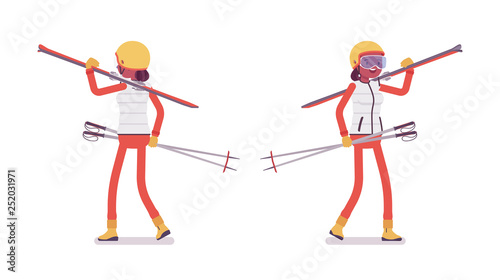 Sporty woman carrying equipment, winter outdoor activities ski resort. Girl having active holiday and fun, wintertime recreation. Vector flat style cartoon illustration isolated on white background