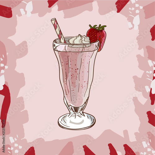 Strawberry Milkshake recipe. Menu element for cafe or restaurant with milk fresh drink. Fresh cocktail for healthy life.