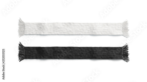 Blank black and white knitted scarf mockup set, isolated, 3d rendering. Empty textile accessory mock up, top view. Clear casual garment for christmas or soccer template. photo
