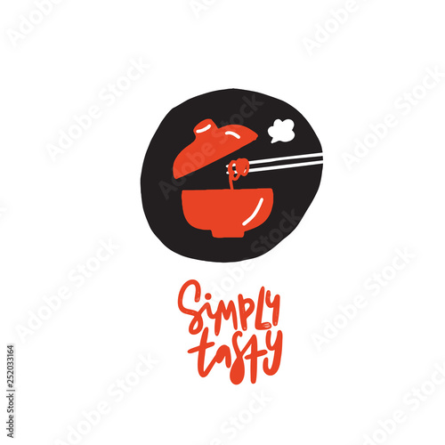 Symply tasty. Funny hand drawn doodle illustration of asian pan and chopsticks.Vector. photo