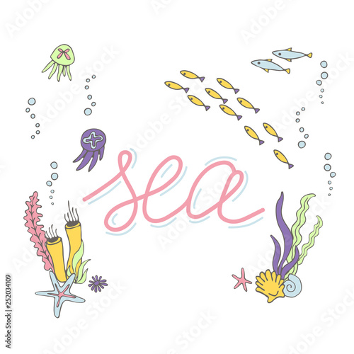 Fototapeta Naklejka Na Ścianę i Meble -  Set with hand drawn sea inhabitants elements. Vector doodle cartoon set of marine life objects for your design.
