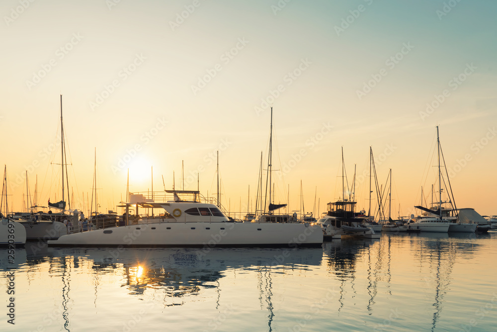 View of Harbor and marina with moored yachts and motorboats in pattaya thailand