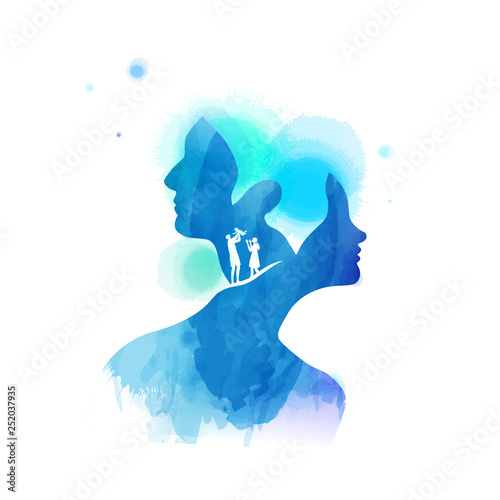 Watercolor of happy family together. Father raising baby up in the air.