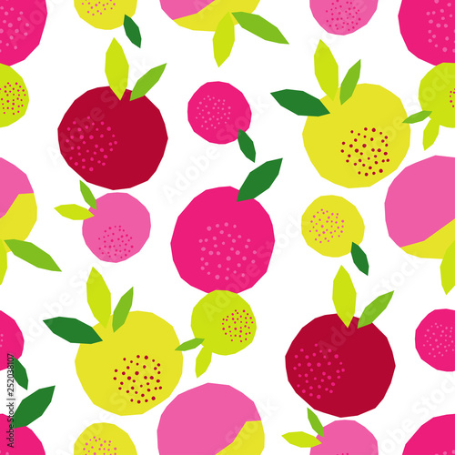 Fototapeta Naklejka Na Ścianę i Meble -  Seamless vector background with decorative colorful apples with leaves. Polygons. Summer garden. Can be used for wallpaper, textile, invitation card, wrapping, web page background.