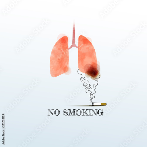 Watercolor of lungs with smoking, No smoking. Lung cancer ,vector illustration.