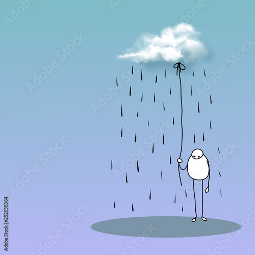 Sad man under the rain cloud - depressed and tired. Unhappy people.