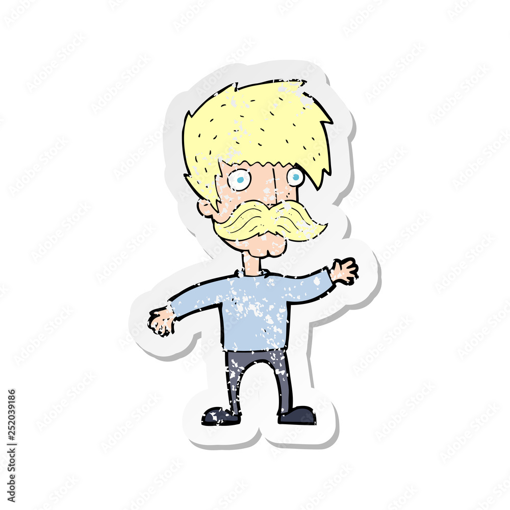 retro distressed sticker of a cartoon man with mustache waving retro distressed sticker of a cartoon man with mustache waving