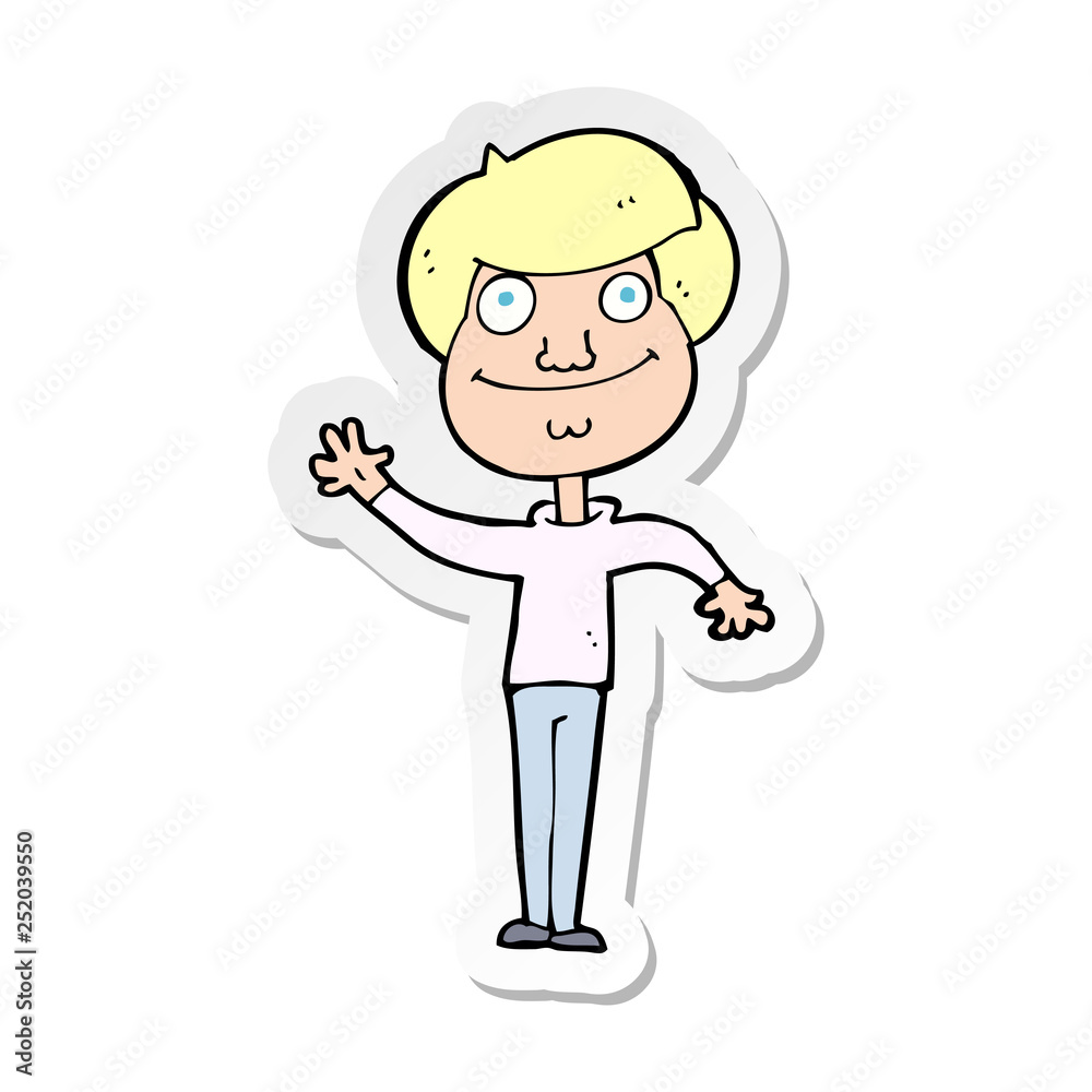 sticker of a cartoon happy man waving